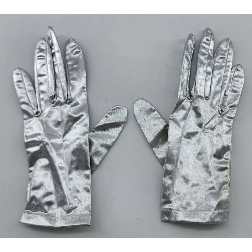 VTG Ladies Fownes Double Woven Nylon Gloves‎ Metallic Silver Costume Cosplay MED